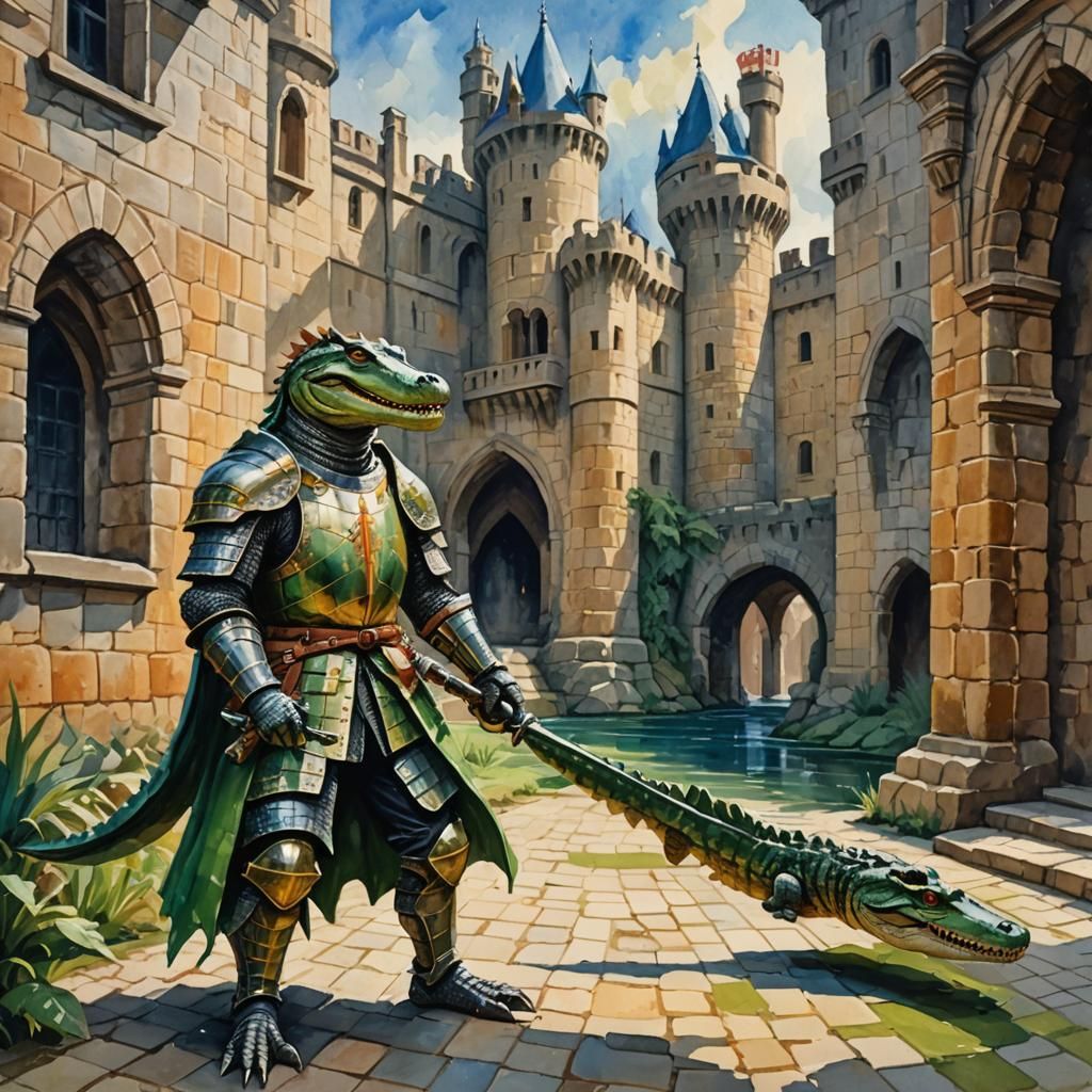 A crocodile knight in a castle