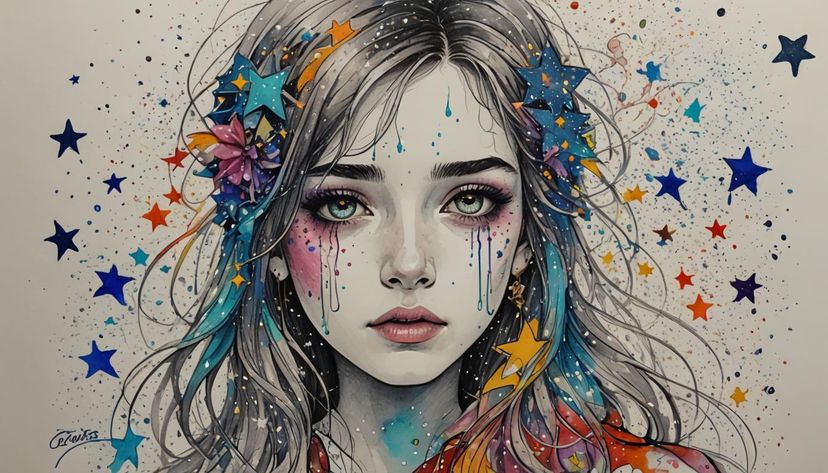 (Silent stars started to cry:1.5) colored drawing ink sketch by cizim ...