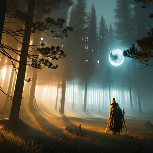 Lone traveler in the woods