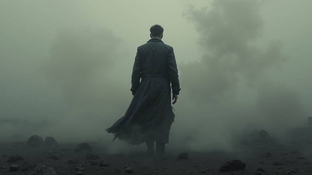 In hyper realistic style, create an image of a man with his back to the camera turning to ash and blowing away in the wind.