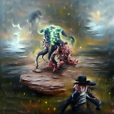 Evil Creature Fighting Zombie Cowboy Lovecraft oil painting