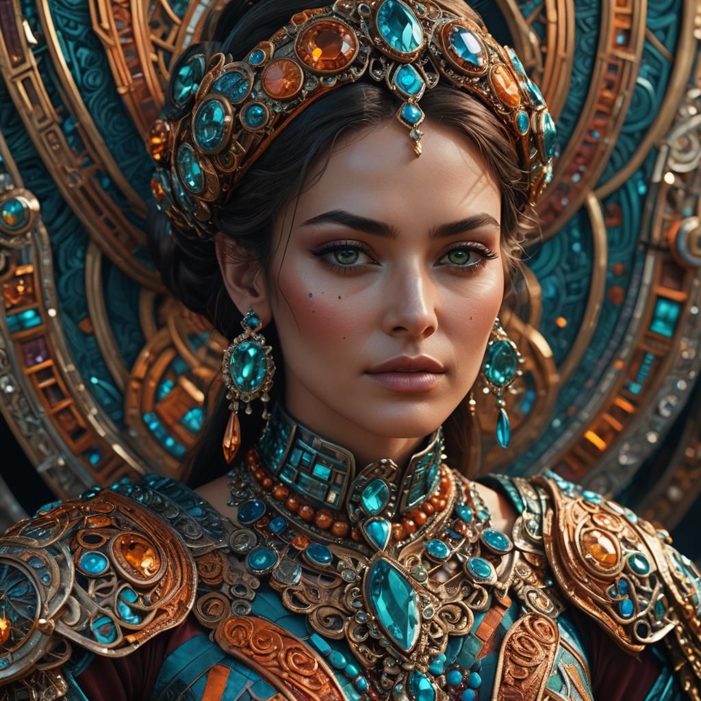 Hyperrealistic portrait of a beautiful woman wearing intrica...