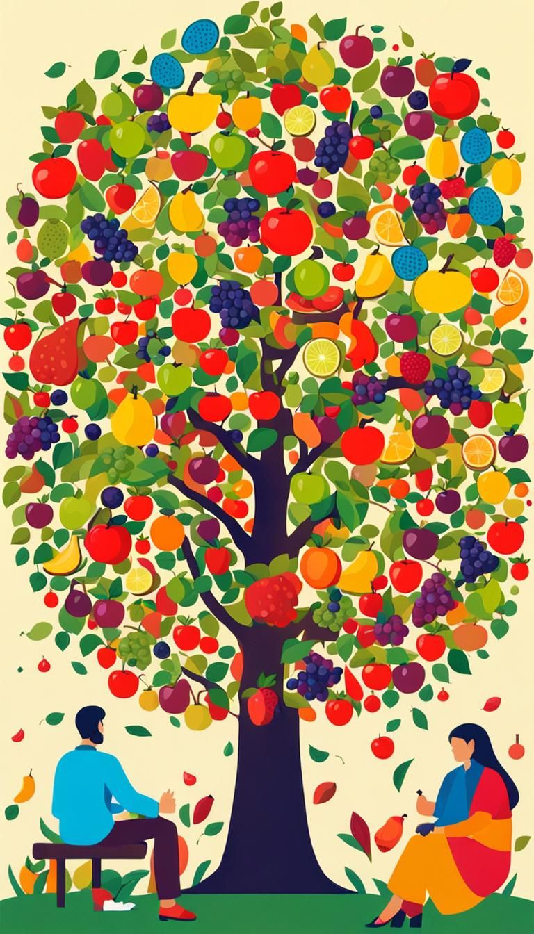 Colourful tree, fruits, leaves, woman and man sitting by the...