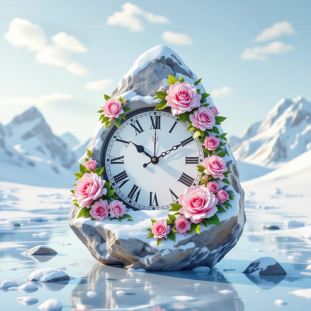 Ancient Moai Statue Among Cherry Blossoms and Hourglass