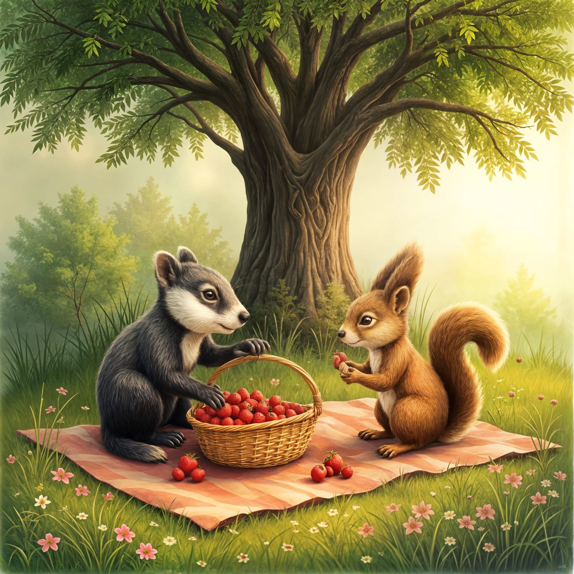 A badger and a squirrel, sharing a picnic basket filled with berries. 