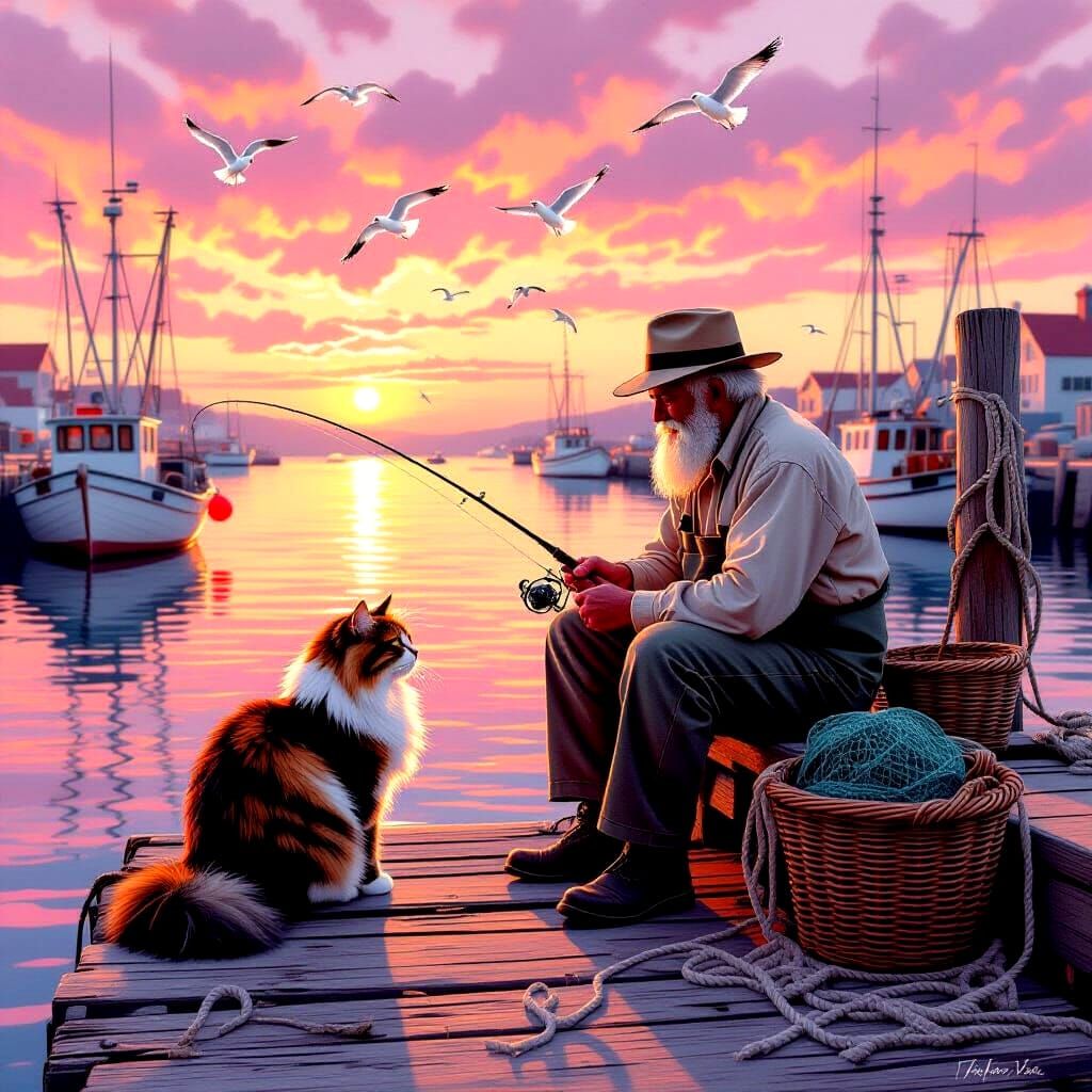 Fisherman and Cat at Dawn in Quiet Harbor
