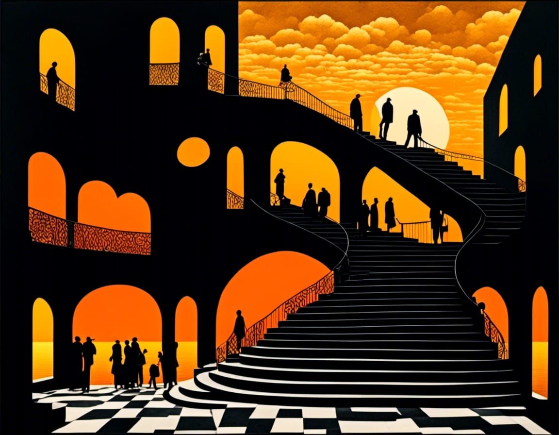 Multiple rooms, A crowd of many different people near and far  walking, museum, room with a view, golden shimmer, gilded sunset, sparkling c...