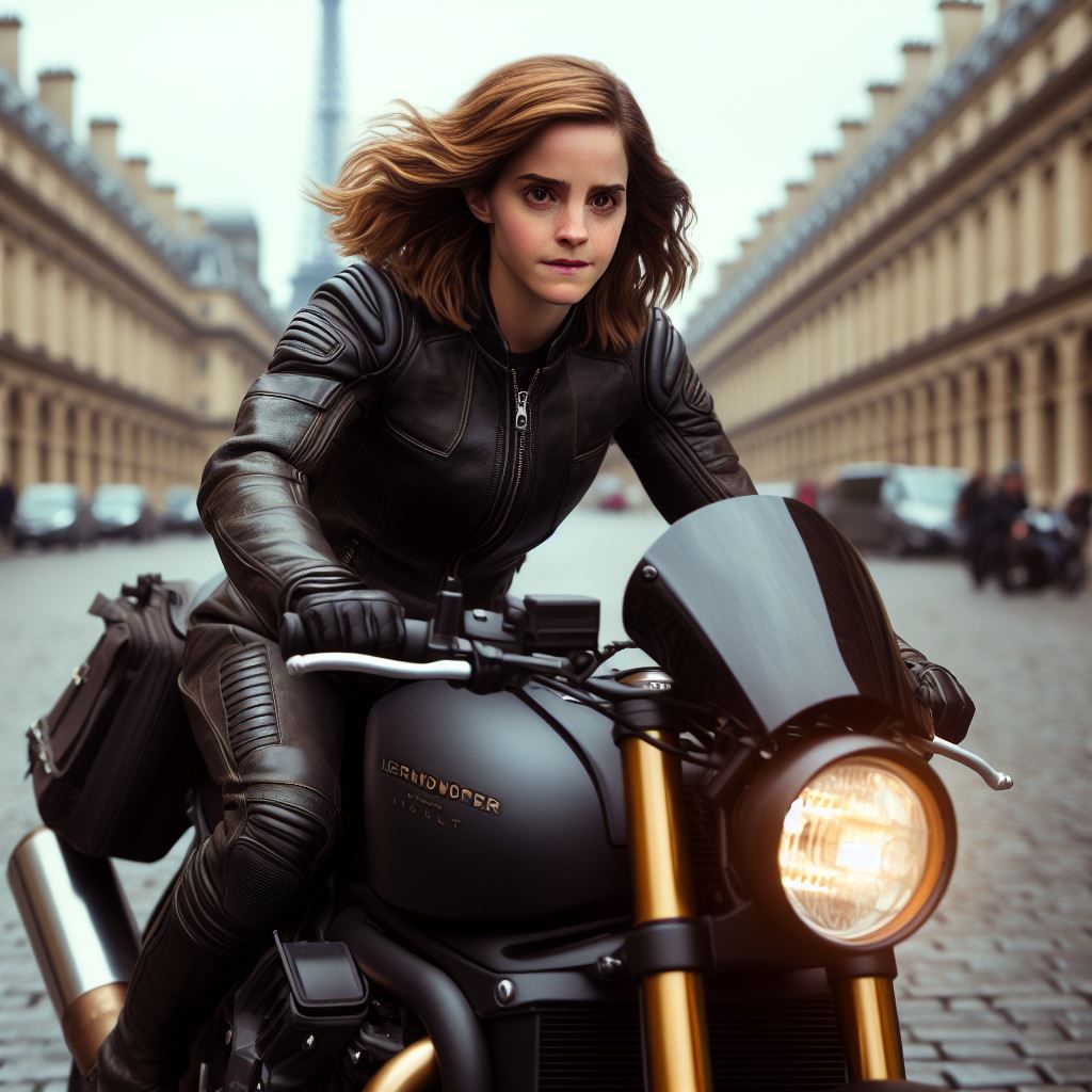 Emma Watson as Hermione Granger, riding her motorbike