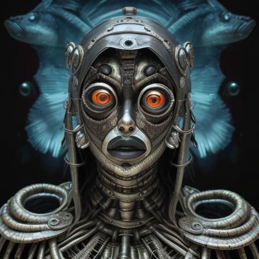 a close-up metallic mummy patched clay and wire sculpture wi...