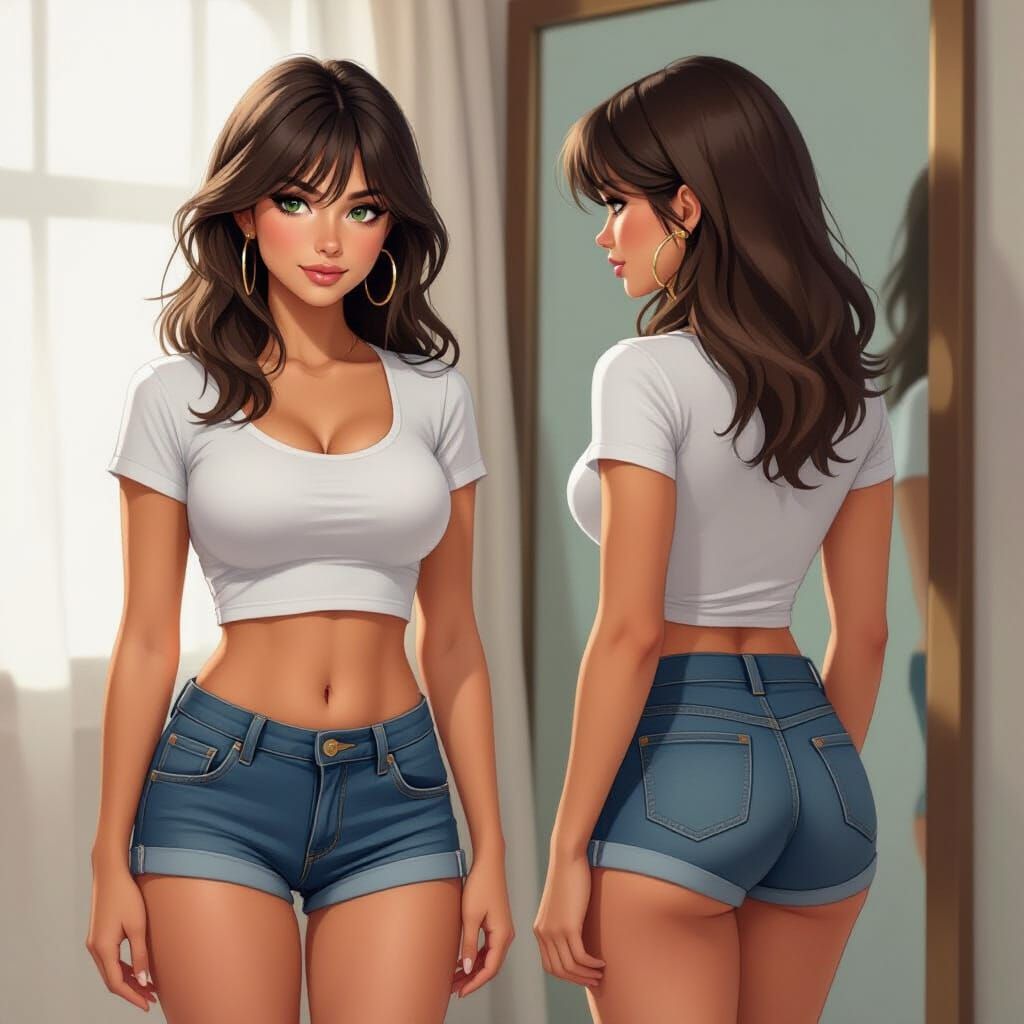 A young woman. She stands in front of the mirror. She wears a white t-shirt, which is tight and doesn’t cover her belly button. She wears je...