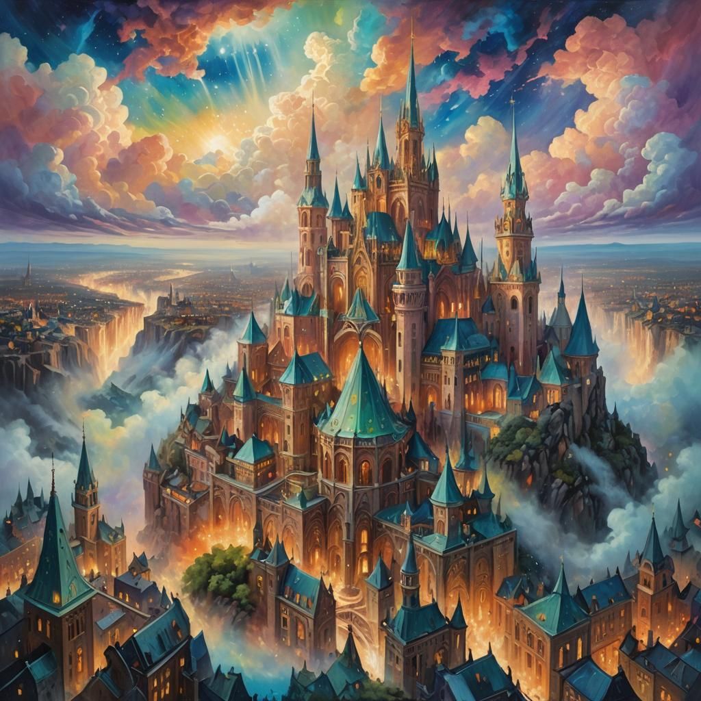 Dreamlike Cityscape in Vibrant Fantasy Landscape