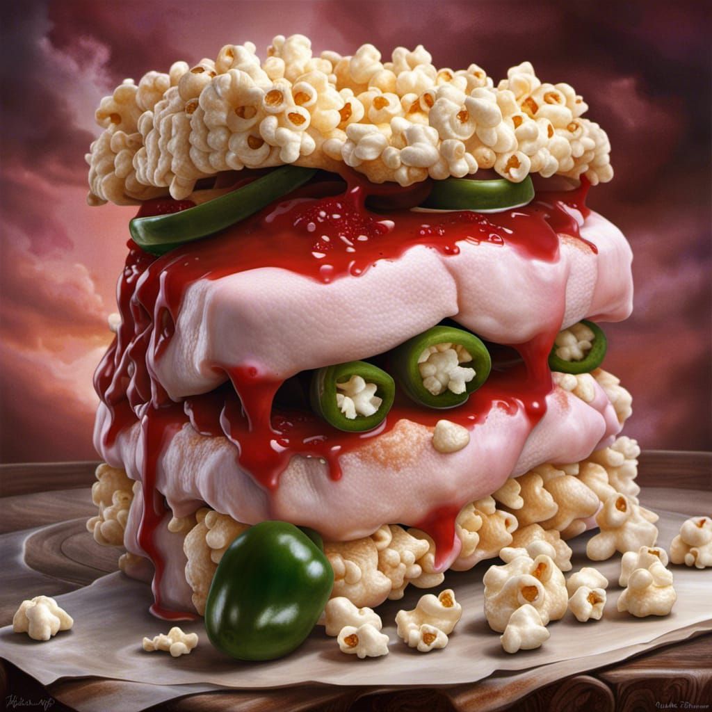 Ice cream, jalapenos and popcorn sandwich with ketchup.  by @Shywolf