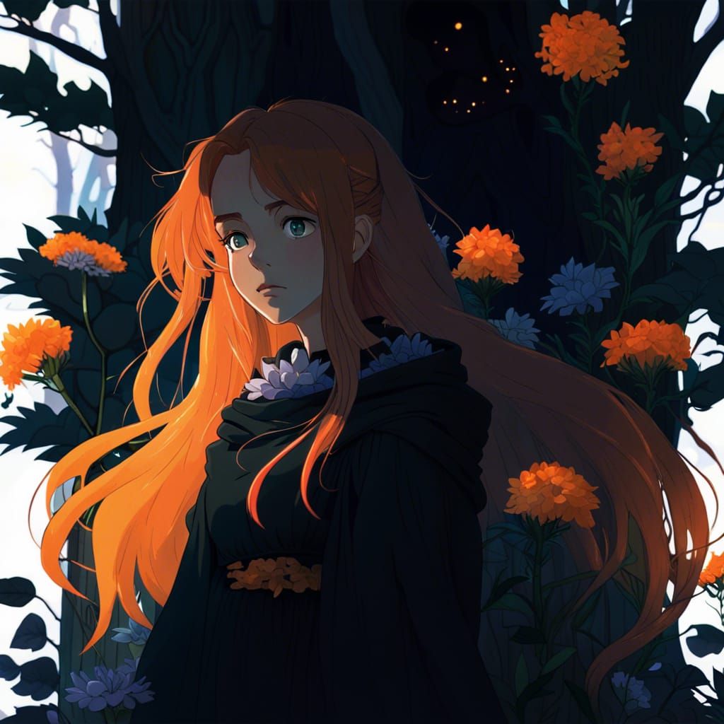 serious woman long bright orange hair fantasy saint with lar...