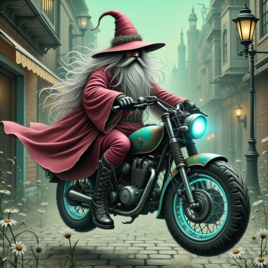 <lora:Pastel Patches:1.0> A wizard riding a futuristic motorcycle.
