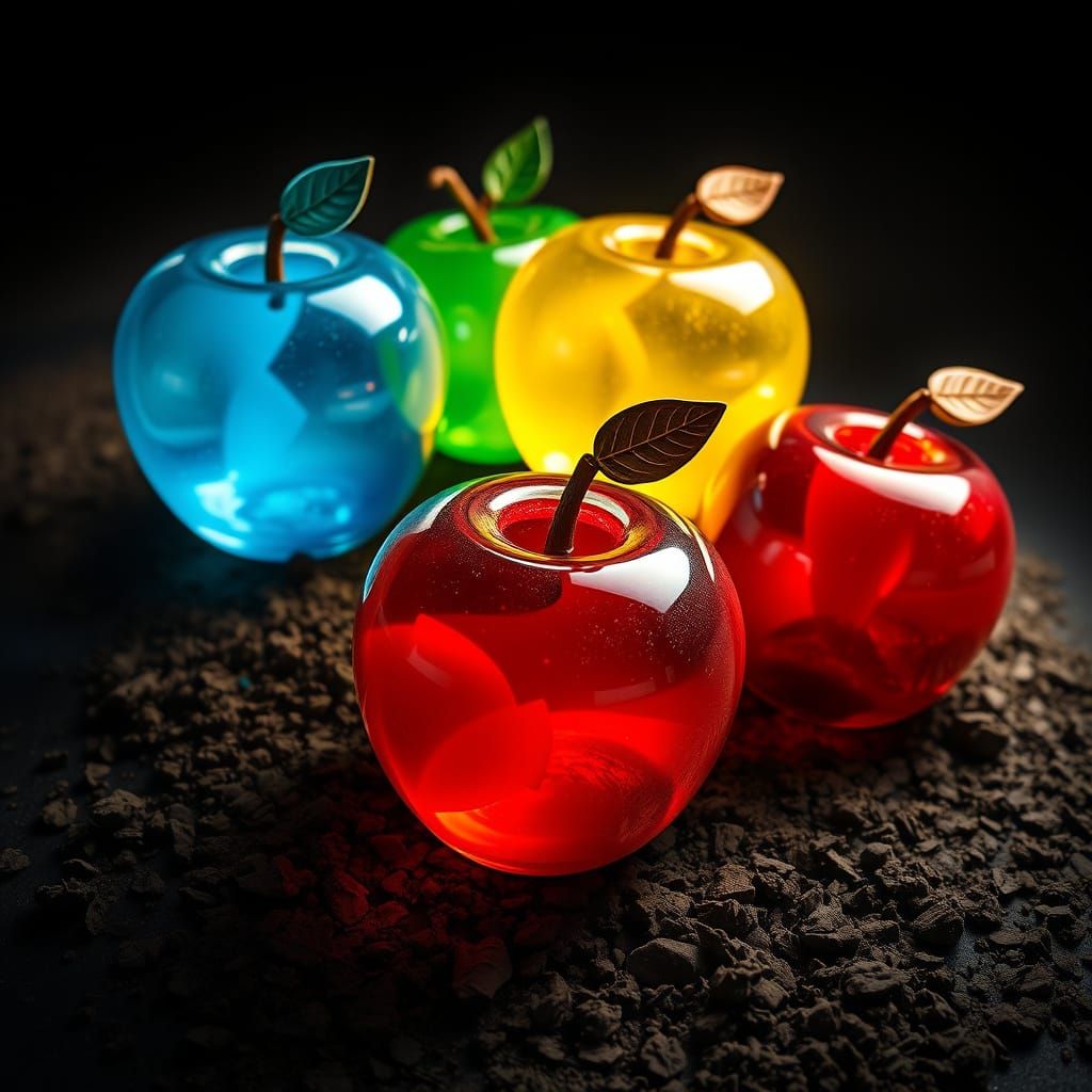 Glass Apples Representing Four Seasons in Hyperrealistic Sty...