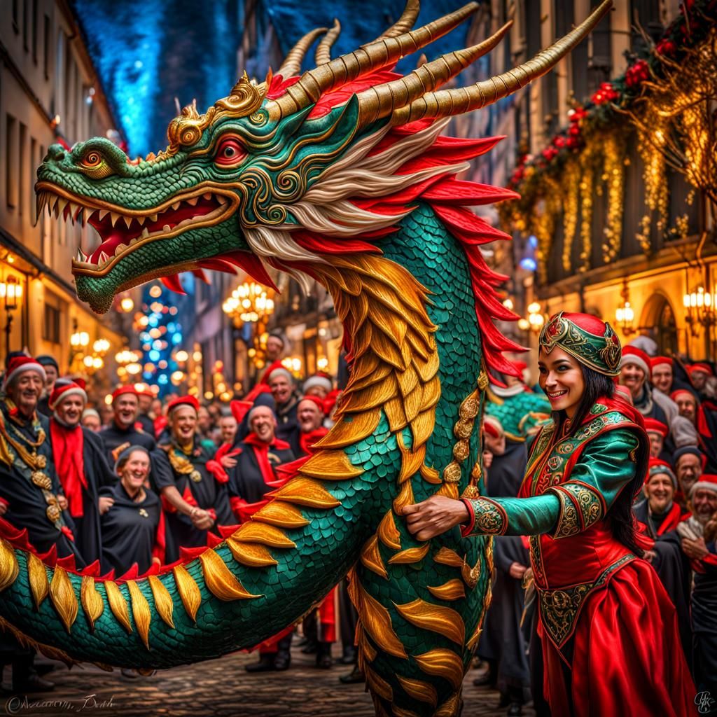 Dragon dancing with an elf at a Christmas party, high dynami...