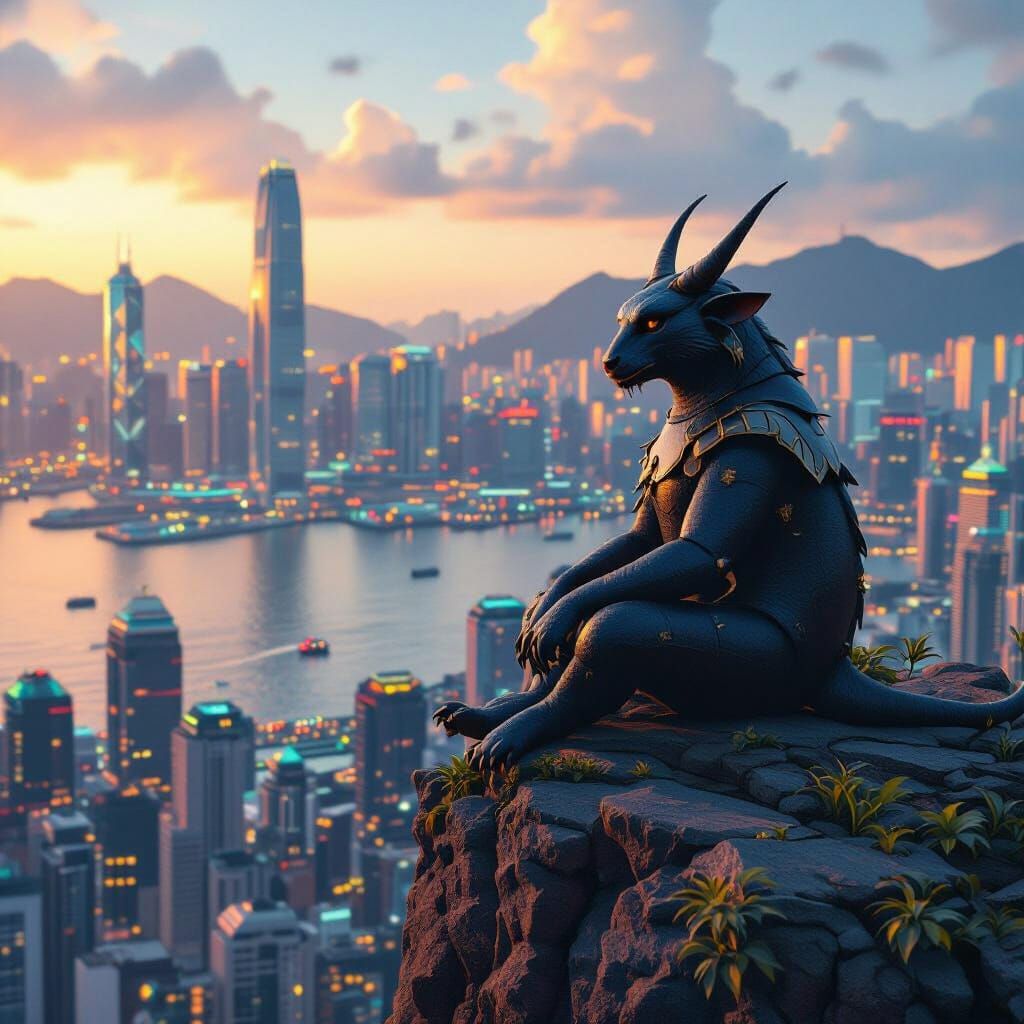 Labubu on Hong Kong Peak, Fantastical Matte Painting