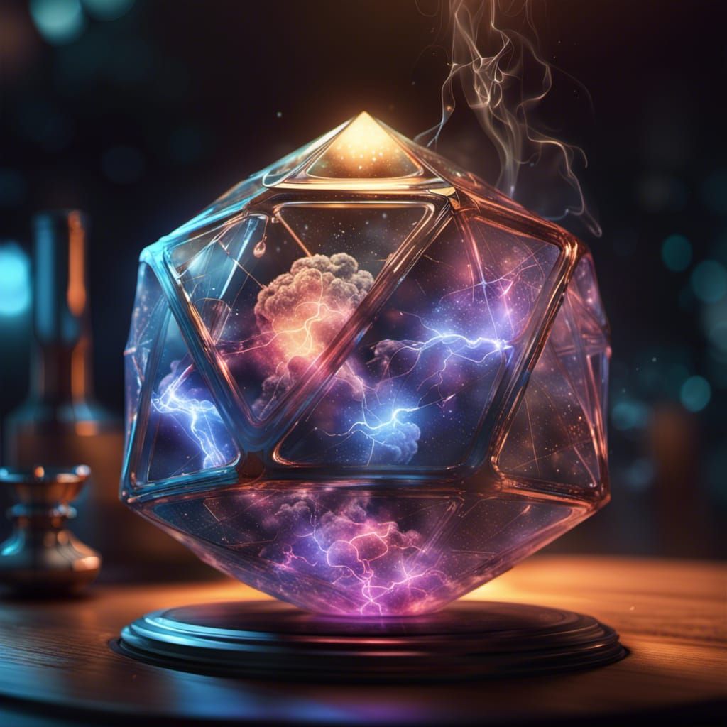 Glass icositetrahedron with thunderstorm