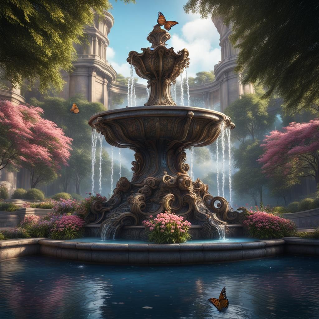 A giant water fountain with butterfly's and flowers around it   by @Catsnkittens