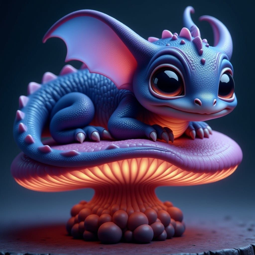 <lora:-Frickin Cute-:1.0> a chibi dragon resting on a bioluminescent mushroom