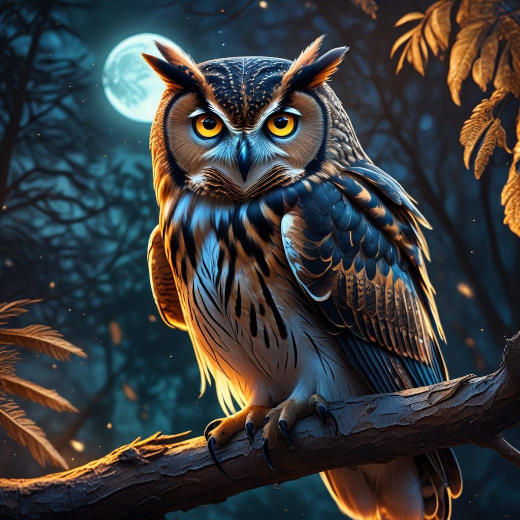 Moonlit Owl Perched in Vibrant Colors