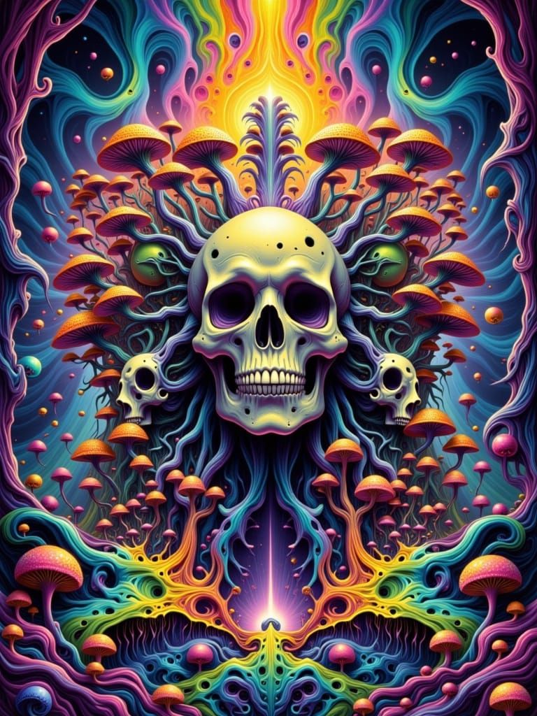 Psychedelic Skull Woman Smoking, Vibrant Kaleidoscope Style