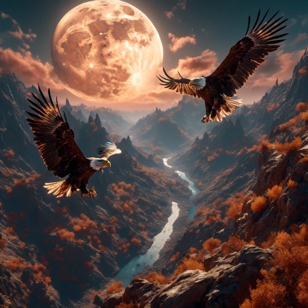 <lora:Midnight Vibrance:1.0> Two majestic eagles flying above a canyon with a big harvest moon in the ...  by @VWImagery 