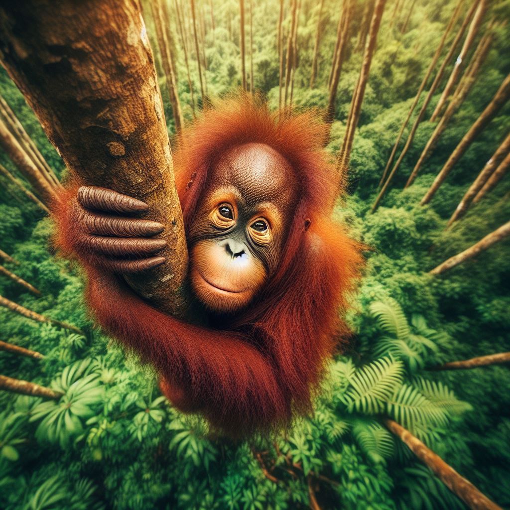An orangutan is hugging a tree trunk