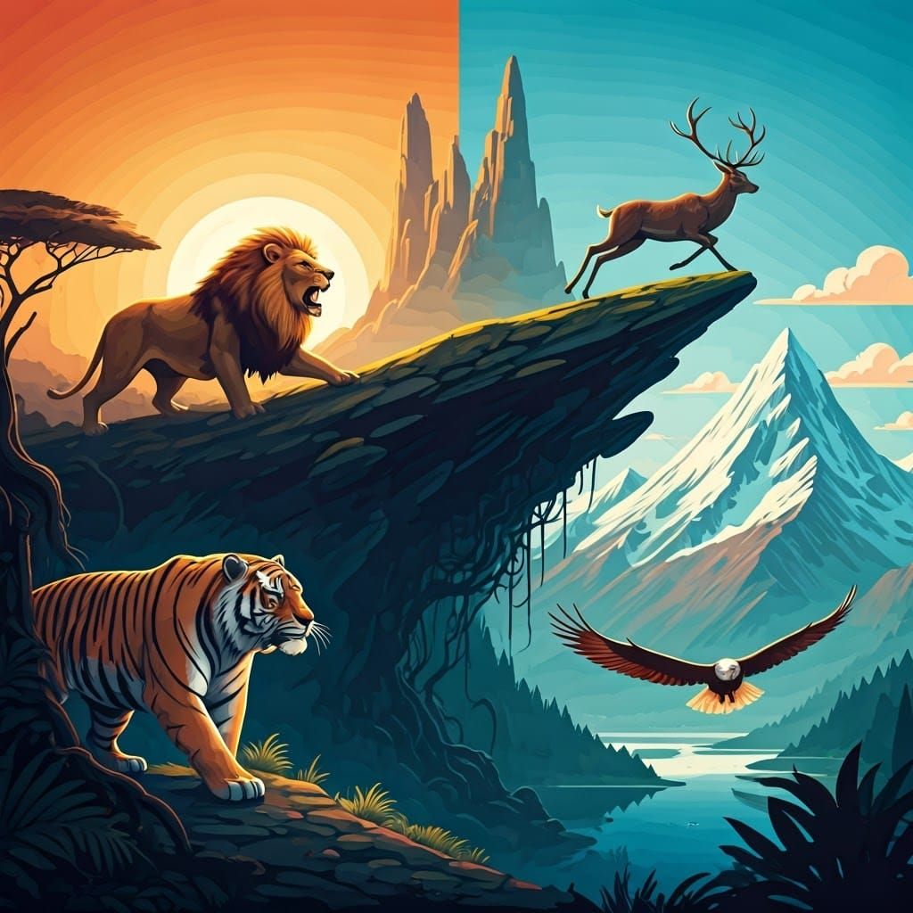 Wildlife Quartet: Lion, Deer, Tiger, Eagle
