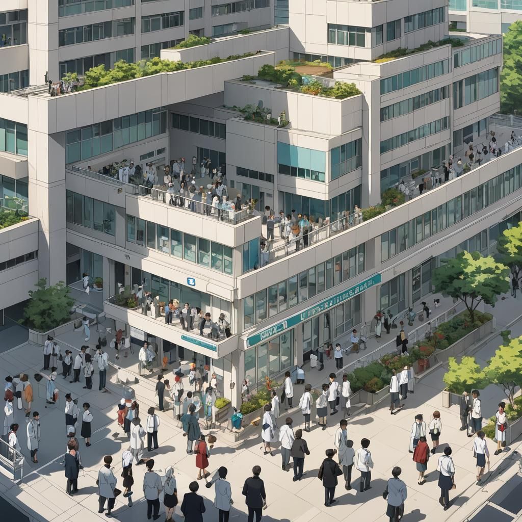 The exterior of a hospital with people bustling in and out
