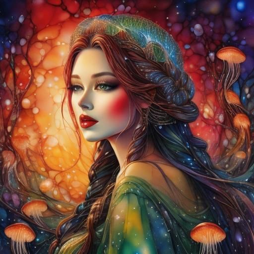 Young woman with long braided hair and red glistening lips <lora:PR Stained Glass:1.0> sinister, wearing a gown of jellyfish