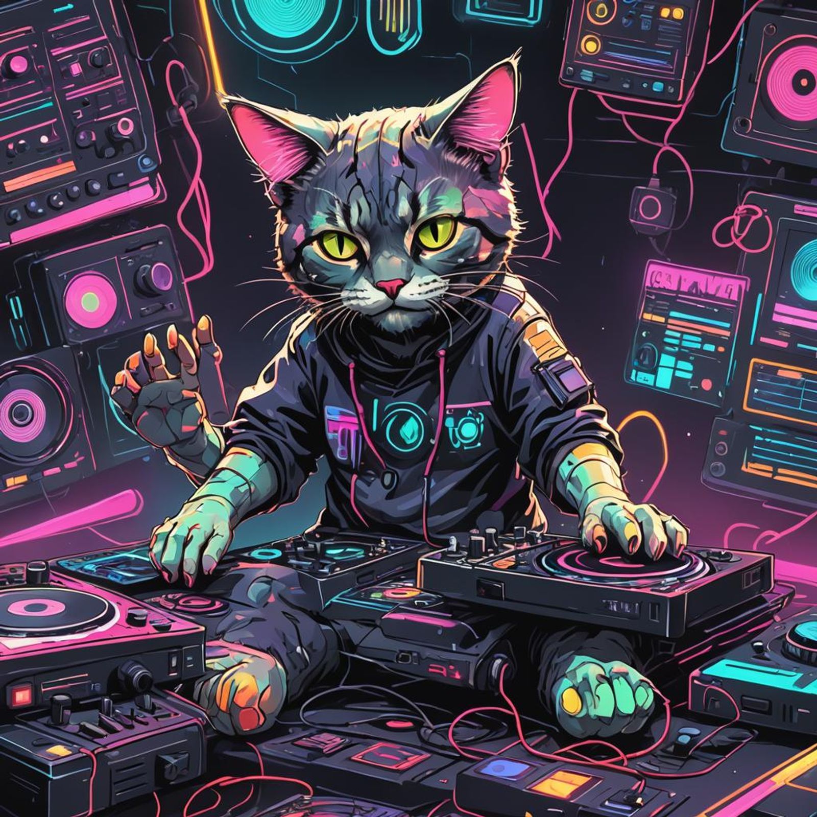 DJ cat, fate, high quality, 7.4k resolution, realistic, ugly, tiling