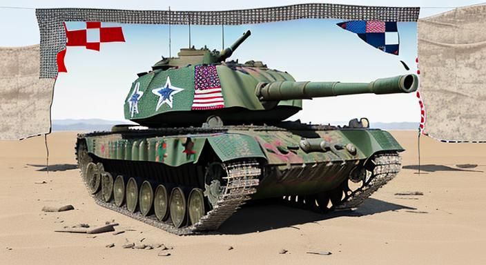 A military tank with patchwork quilt as its skin, in a hyper...