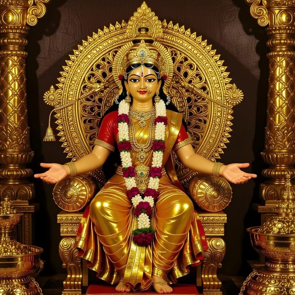 goddess of wealth with only two arms sitting on a throne made of gold surrounded by gold and other valueble items