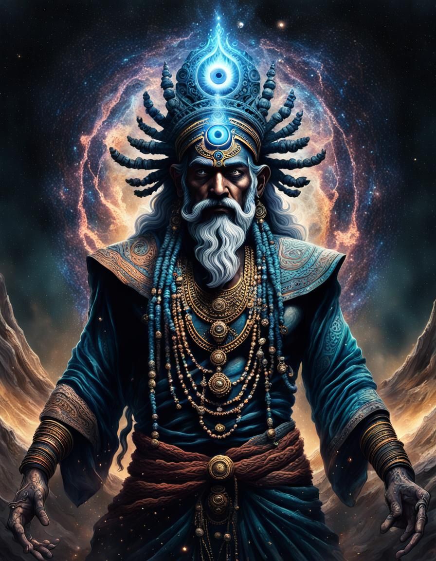 A full body shot of a powerful psychedelic hindu wizard, his third eye in his forehead opening to reveal ...  by @Charlequin