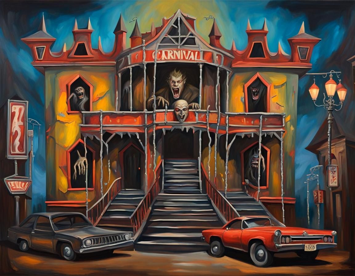 a hand-painted facade to an old carnival haunted house ride, metal stairs entrance, facade has paintings of: a werewolf, a monster, a car cr...