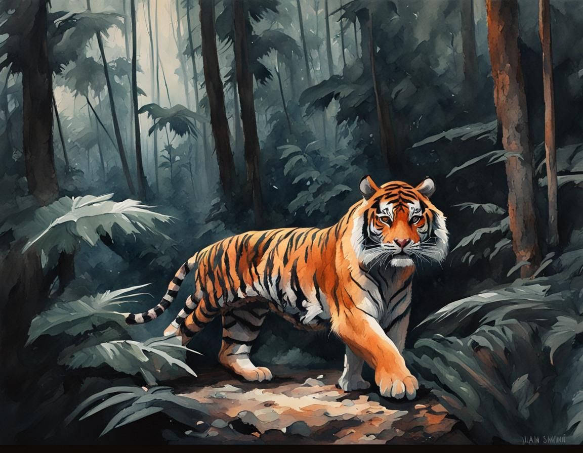 Tiger in Jungle Watercolor Painting