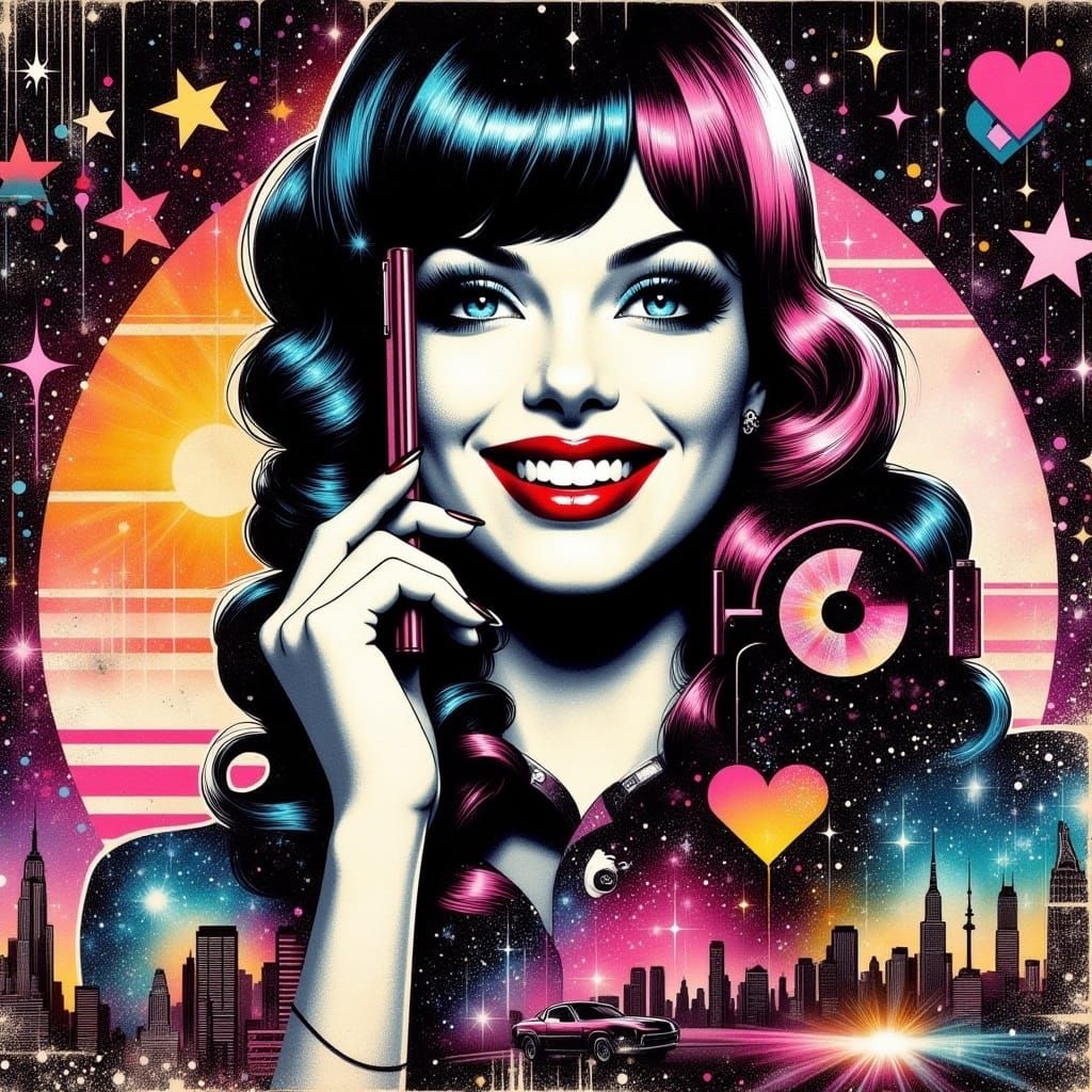 <lora:MixedMedia:1.0> A vibrant pop art masterpiece featuring a captivating female figure with striking synthwave hair, a smiling expression...