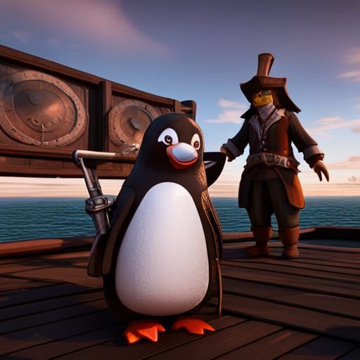 A penguin dressed in pirate clothing on a wooden sailing shi...