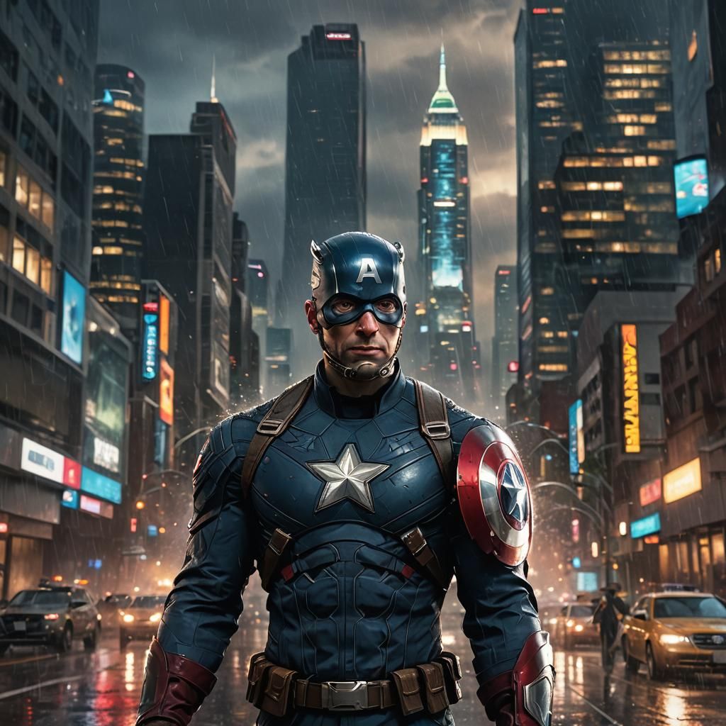 8k Captain america standing majestic focused close up, night...