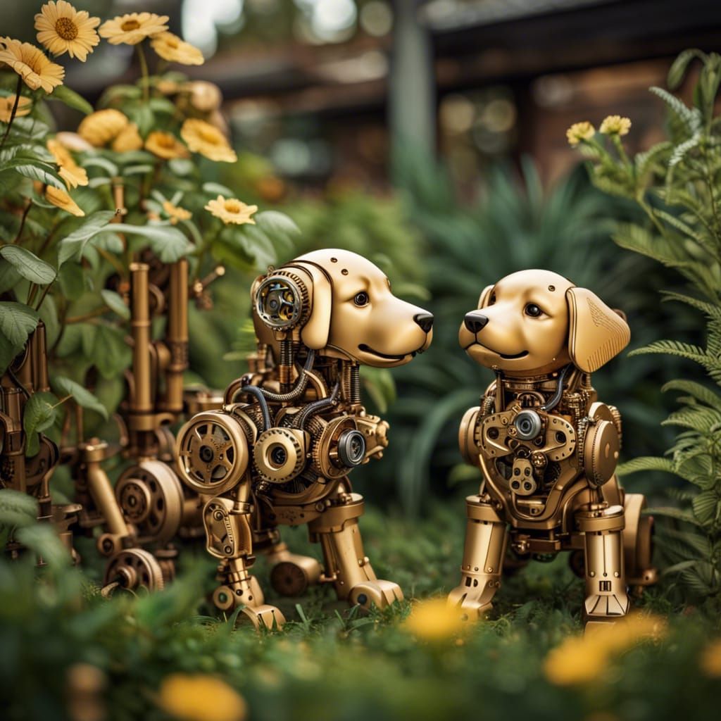 Golden retriever robot puppies playing in the garden AI Generated