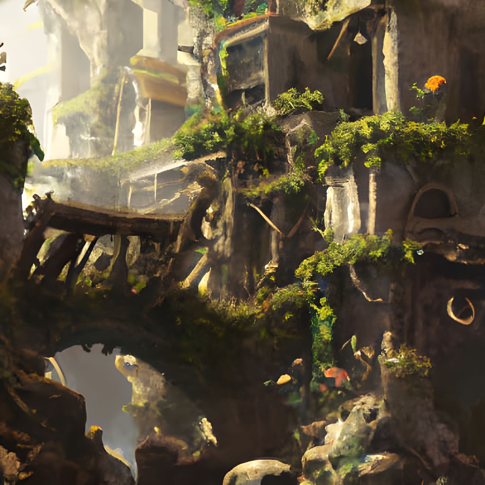 Overgrown city covered in vines and moss
