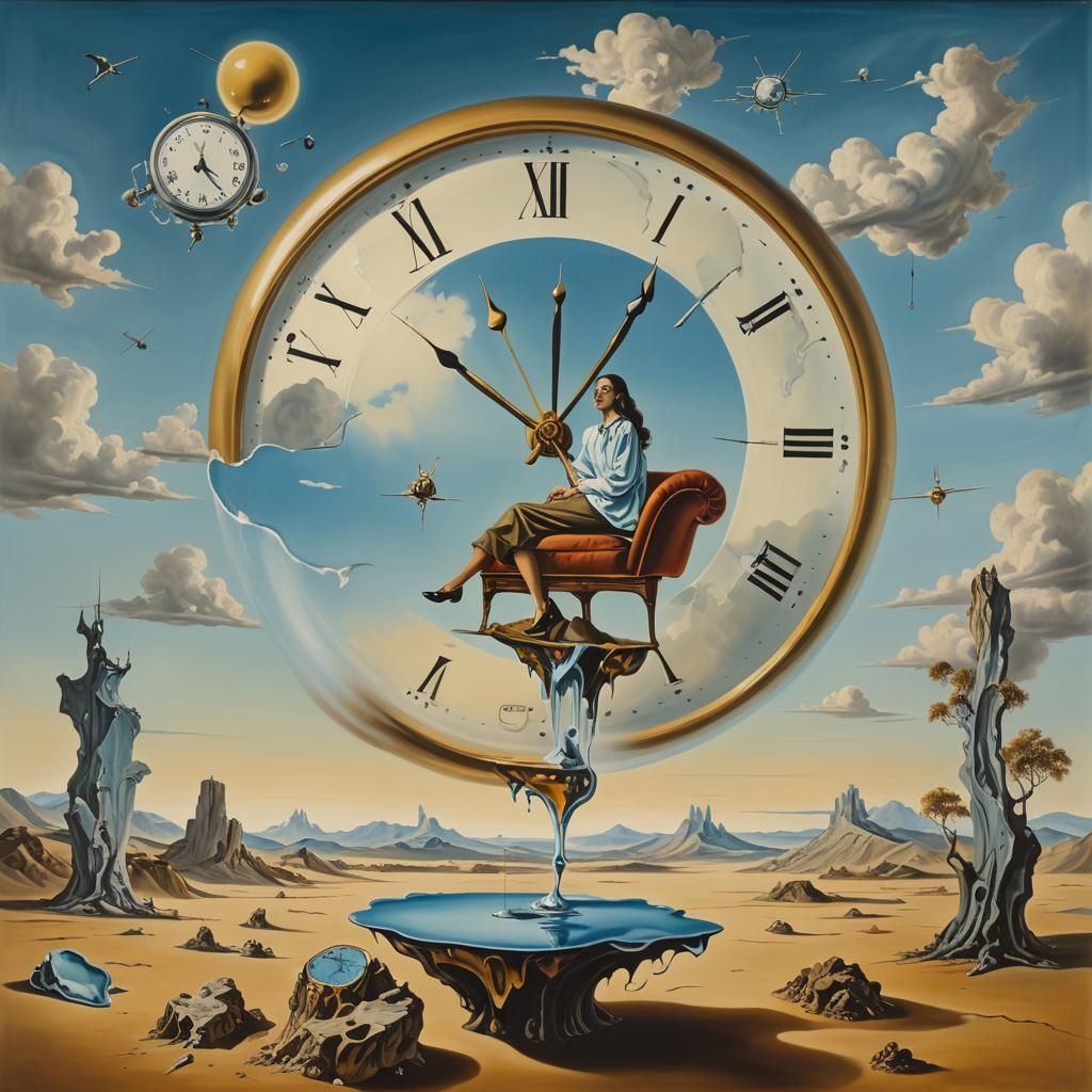 One woman with furniture shape, one soft melted clock, floating in the sky, in a surreal