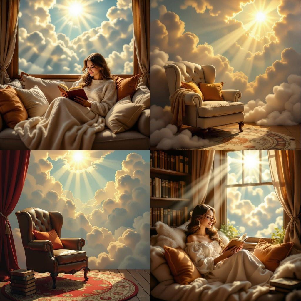 Cozy reading nook. heavenly sunshine beams divine bright soft focus holy in the clouds surrealism Salvador Dali matte ba...
