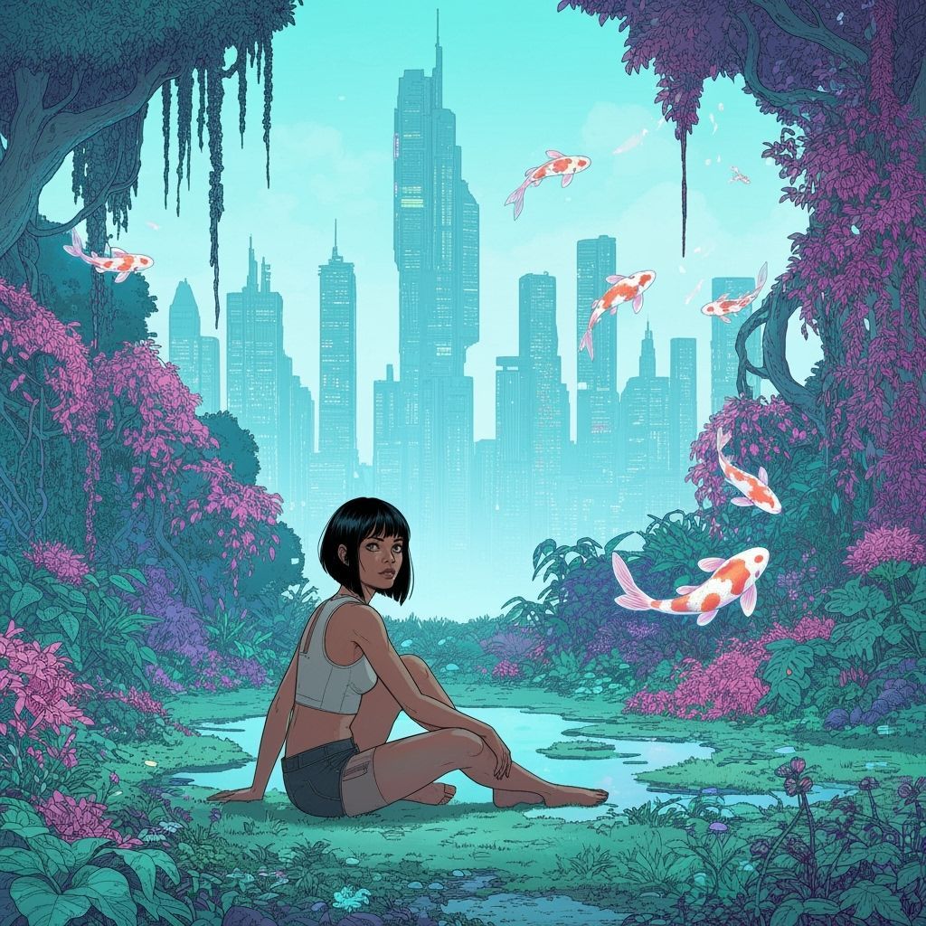 Woman in Neon Garden Gazing at Cyberpunk City