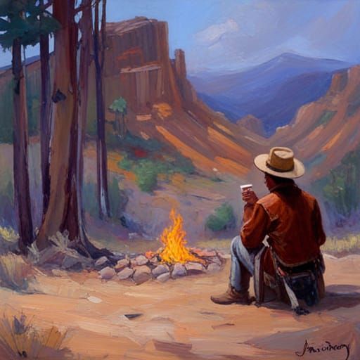 A cowboy has a cup of coffee by a campfire.  by @Steve Dufour