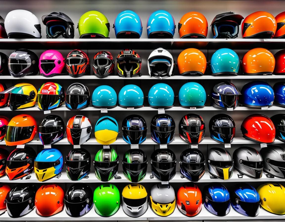 Helmet shop displays helmets of different colours and shapes , weird ...