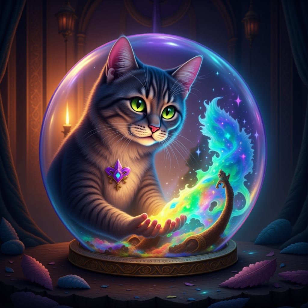 Albus the cat, subla the Kitten, morgana holding a crystal ball capturing Albus and Subla inside <lora:Albus Mischievous:1.0>