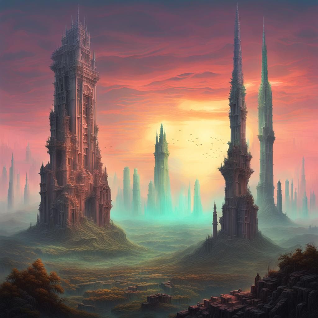 Surreal Futuristic Landscape with Ancient Ruins