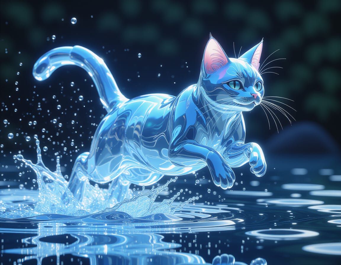 A living cat made with water. By artist "anime", 3d anime art, inspired by WLOP, Artstation, #genshinimpact ...  by @MartCaz